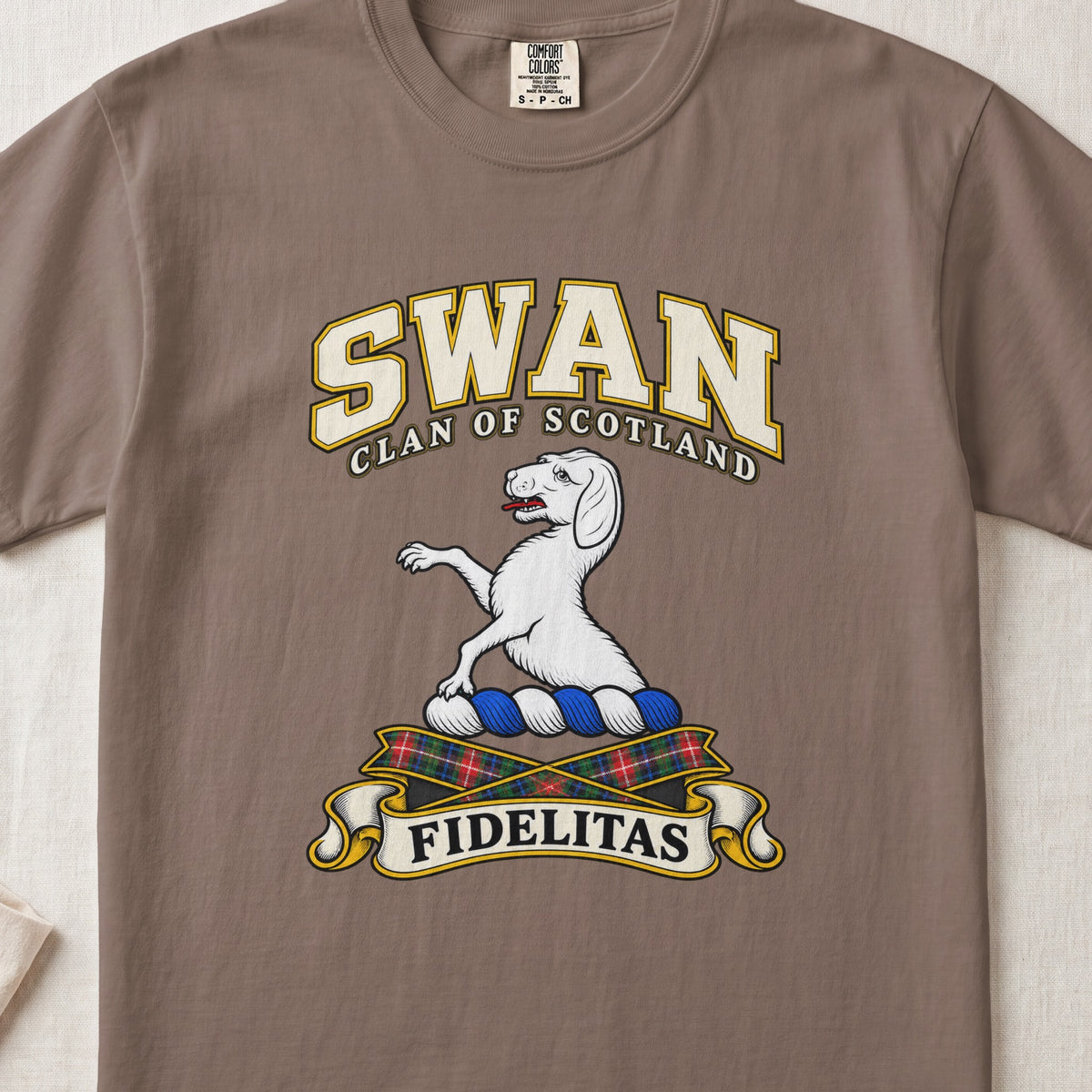 Swan Scottish clan T-shirt in Espresso, front view with a white hound with raised forelegs and motto banner.