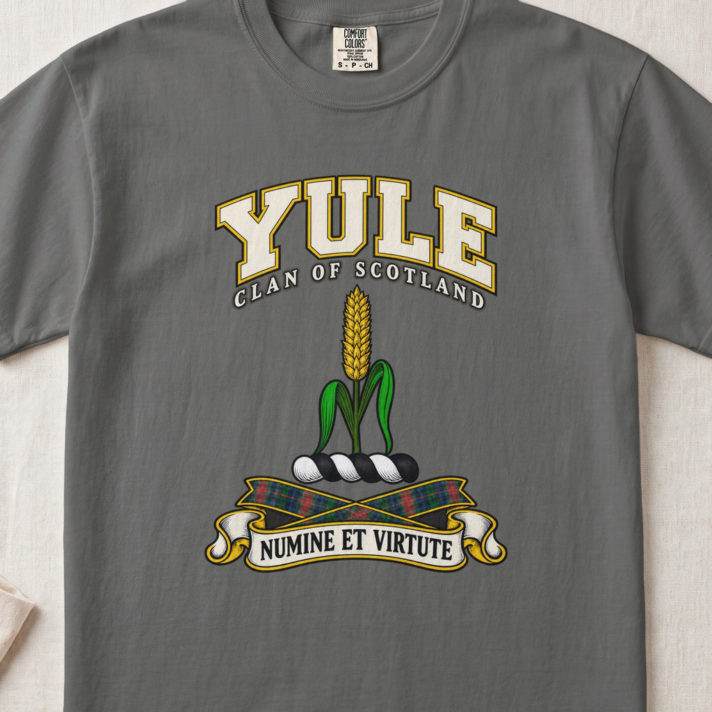 Yule Scottish clan T-shirt in Pepper, front view with a golden ear of grain with green leaves and motto design.