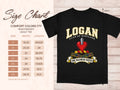 Comfort Colors 1717 size chart in inches with a black Logan clan crest T-shirt preview