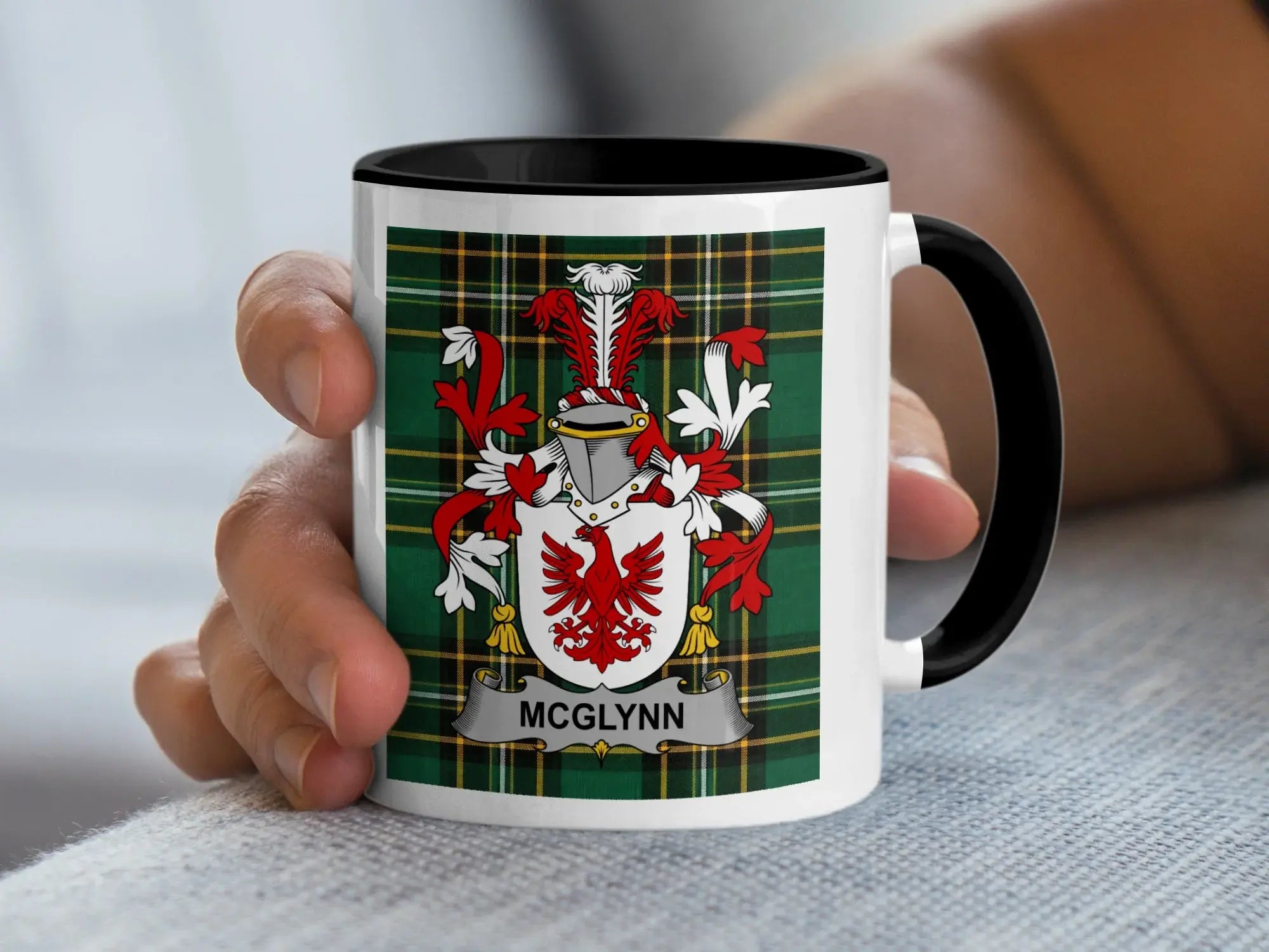 McGlynn Irish family crest black accent mug