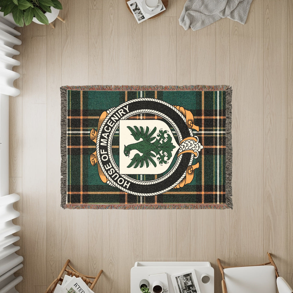 MacEniry Irish heritage woven throw with family crest emblem