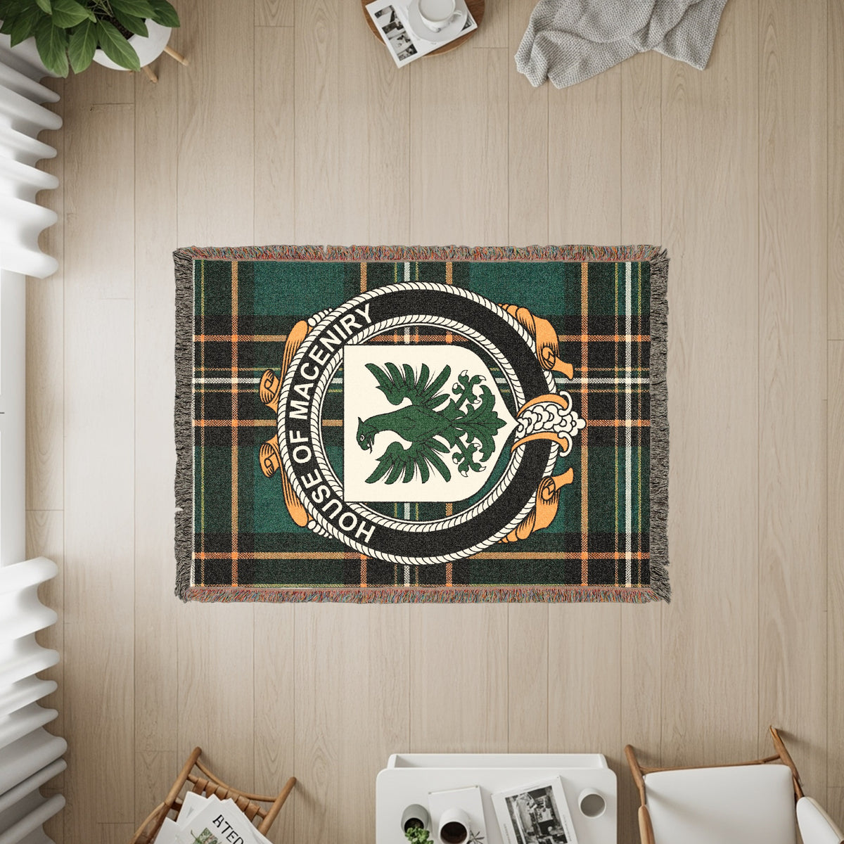 MacEniry Irish heritage woven throw with family crest emblem