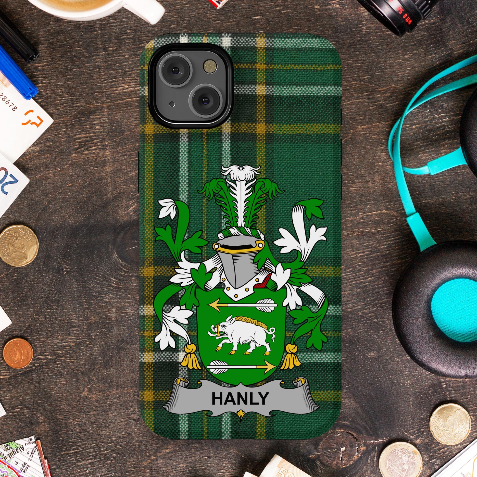 Green Plaid Pattern with Hanly Family Crest phone case product