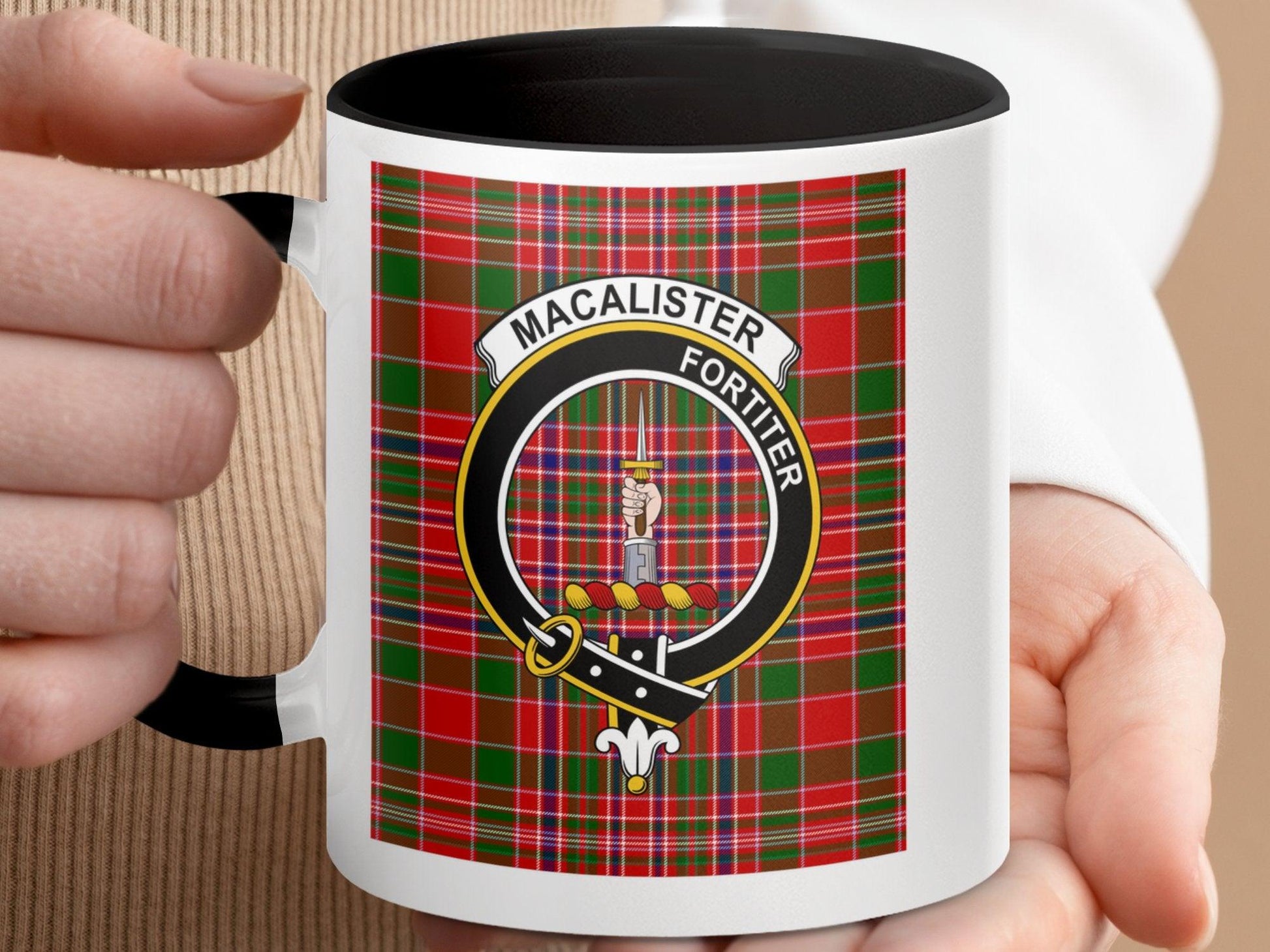 Clan MacAlister Fortiter Crest Plaid Tartan Design Mug - Living Stone Gifts