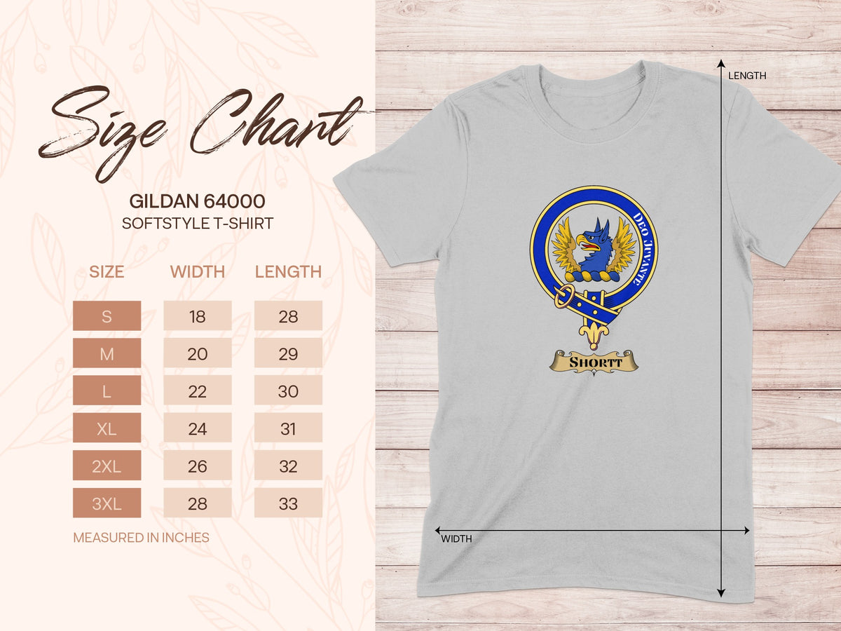 Gildan 64000 size chart for Shortt Scottish clan crest T-shirt
