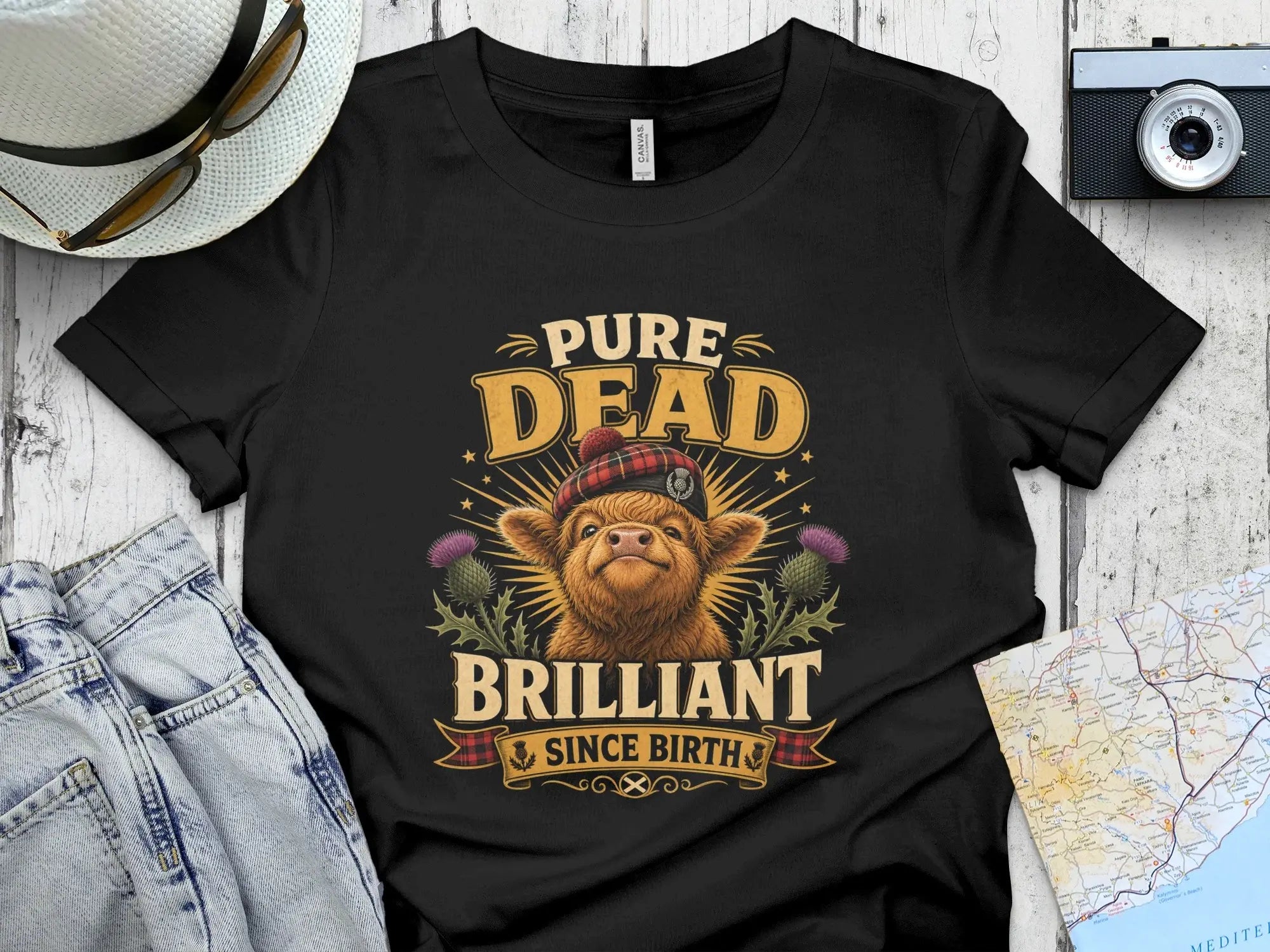 Black t-shirt with a Scottish Highland cow graphic and text "Pure Dead Brilliant Since Birth."