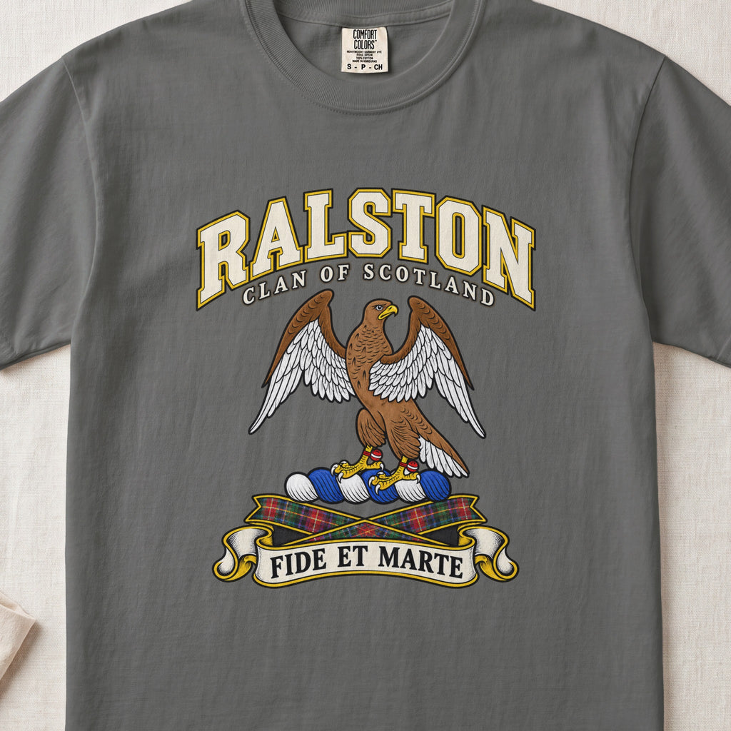 Ralston Scottish clan T-shirt in Pepper, front view with a brown eagle with spread wings and motto design.