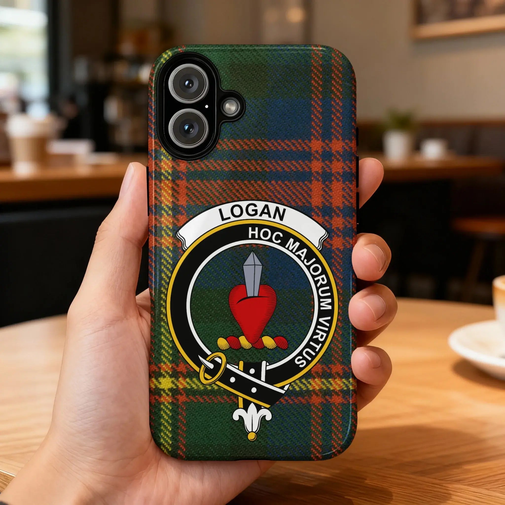 Logan clan crest tartan phone case with badge design — full heraldic wrap on glossy impact-resistant shell