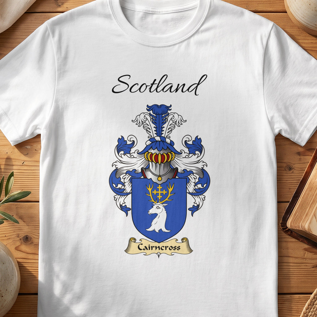 White Cairncross Scottish family shield T-shirt featuring a white stag head with gold antlers on blue