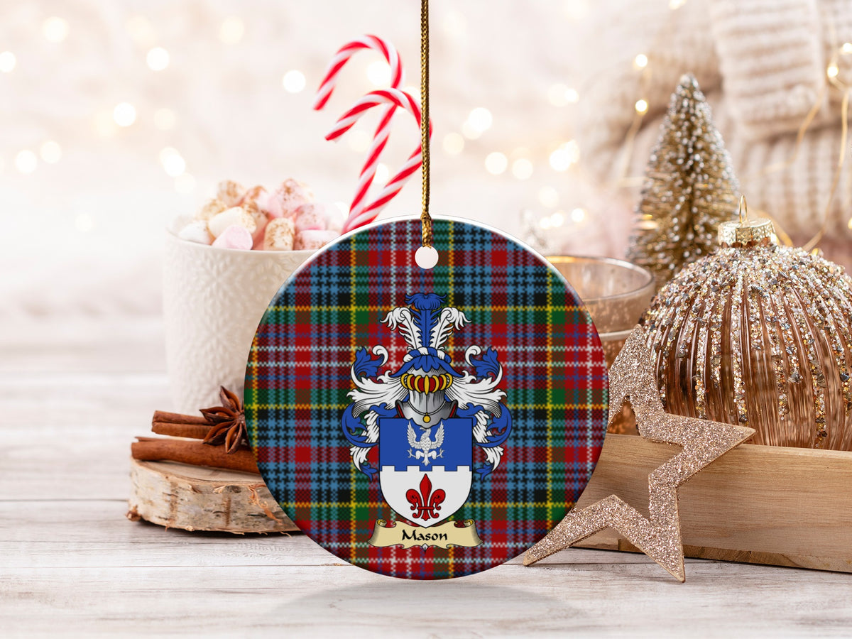 Double-sided Mason ceramic ornament with family shield and Caledonia tartan background