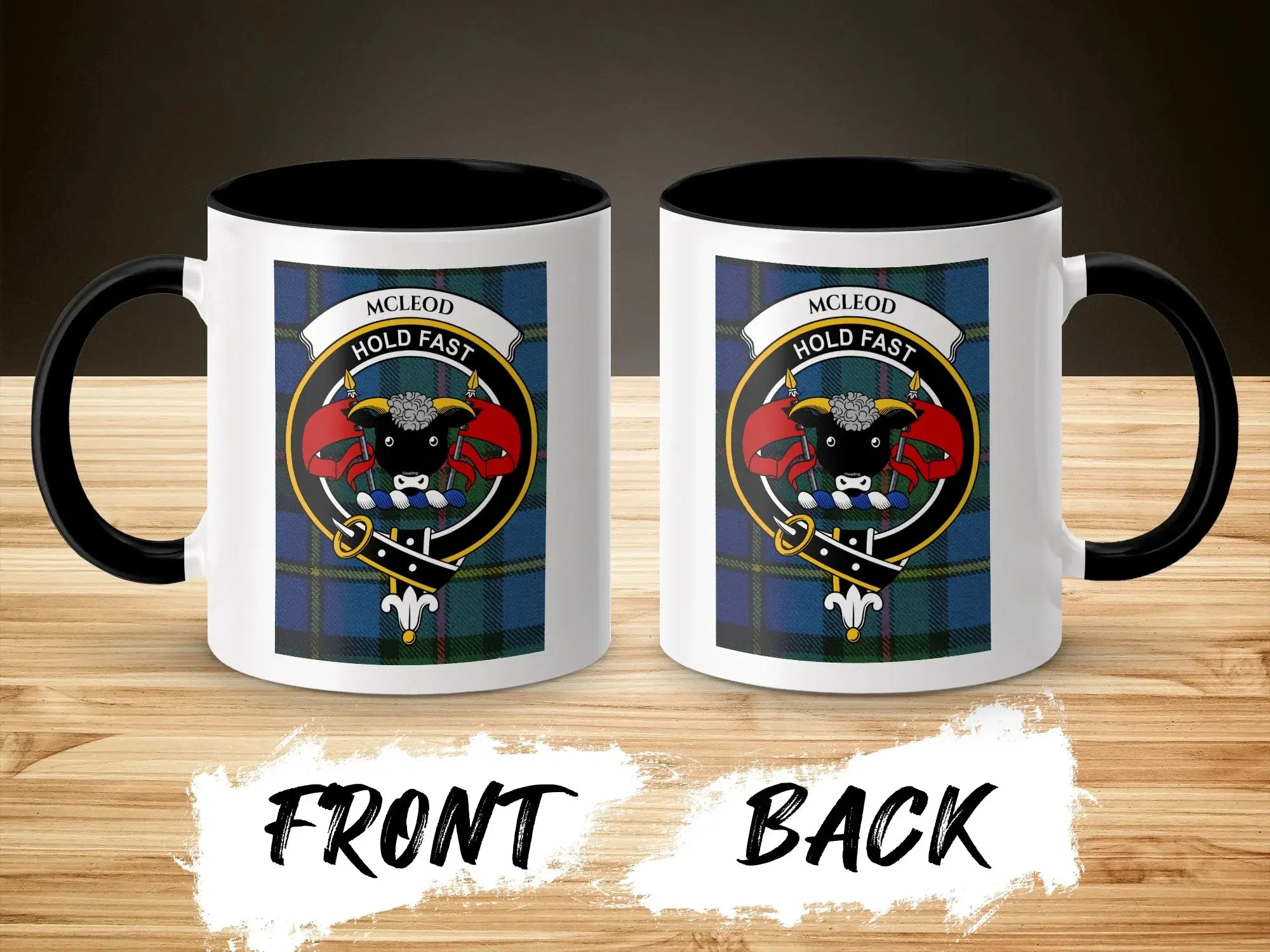 MacLeod clan crest tartan mug front and back view — 11oz glossy ceramic with heraldic design