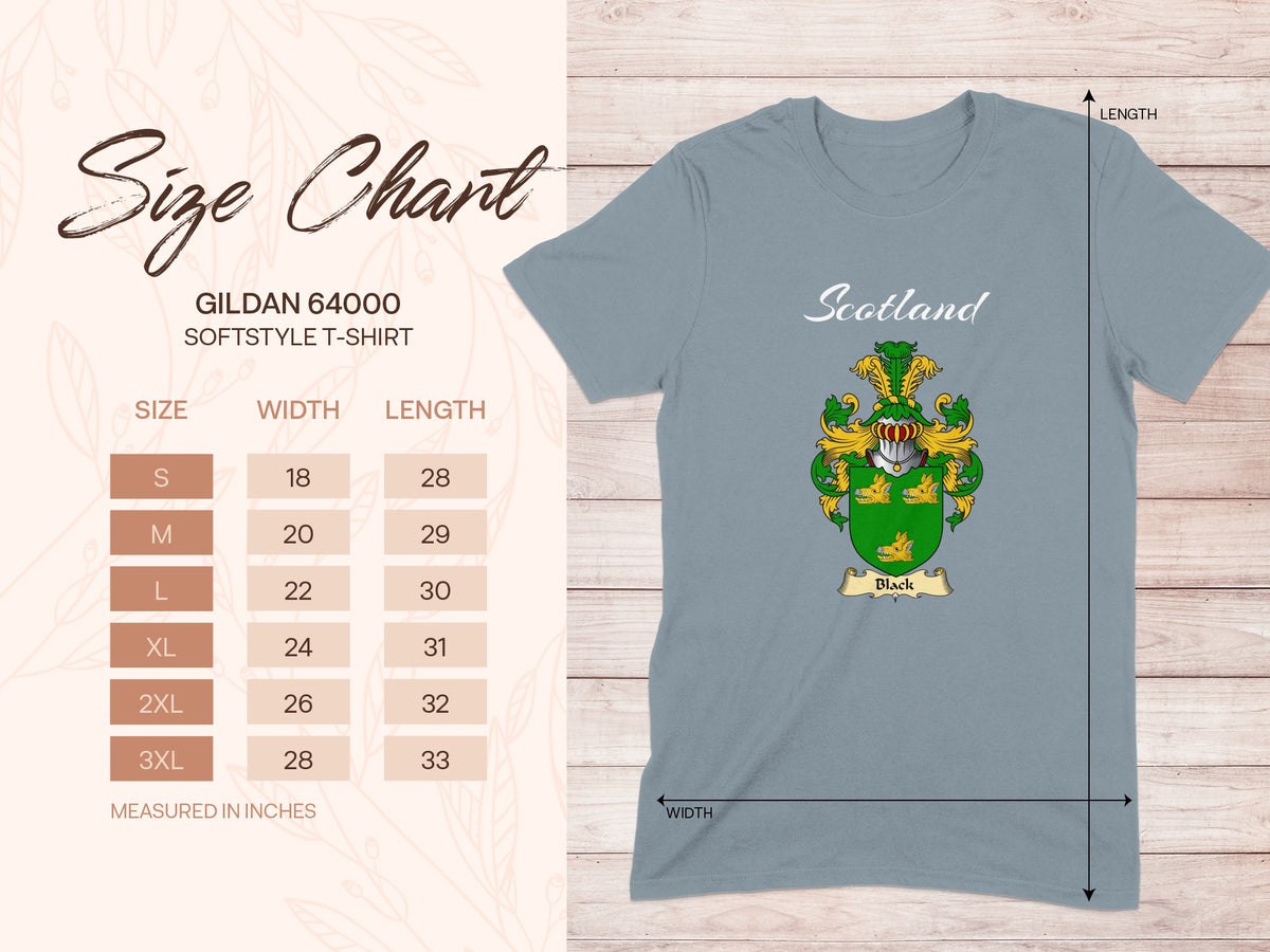 Gildan 64000 size chart for Black Scottish family shield T-shirt