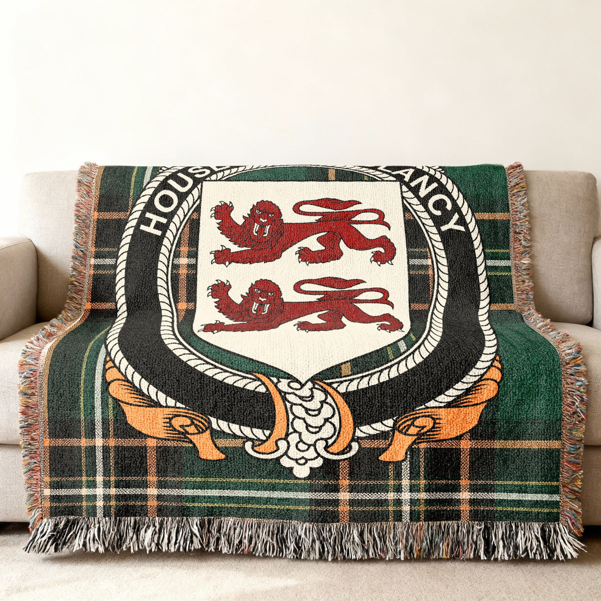 MacClancy Irish National Tartan woven blanket displayed on a sofa