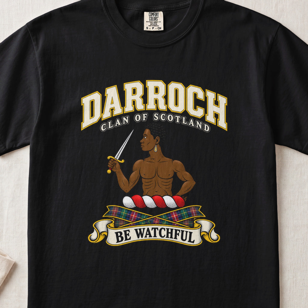 Darroch Scottish clan T-shirt in Black, front view with a figure holding a dagger and motto design.