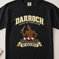 Darroch Scottish clan T-shirt in Black, front view with a figure holding a dagger and motto design.