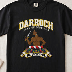 Darroch Scottish clan T-shirt in Black, front view with a figure holding a dagger and motto design.