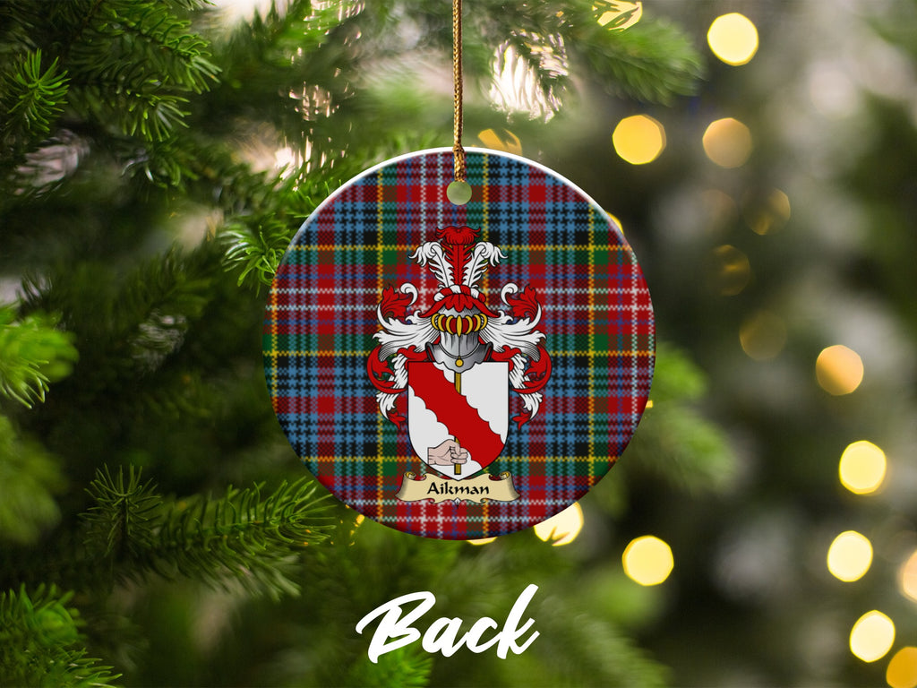 Double-sided Aikman ceramic ornament with family shield and Caledonia tartan background