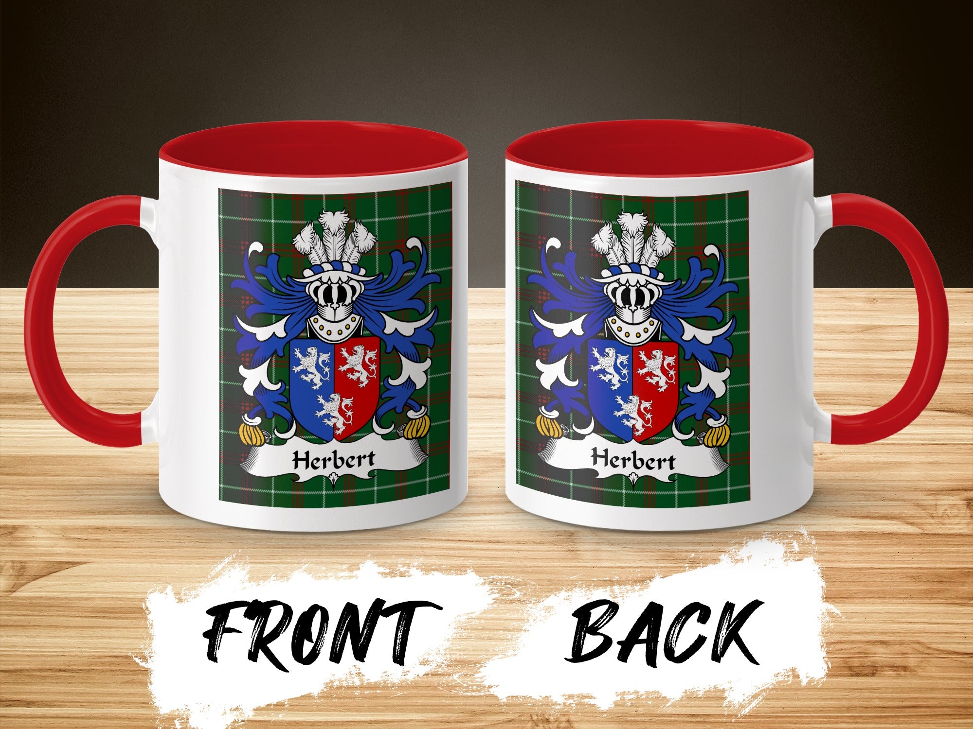Two white mugs with red handles and interiors, each showing the Herbert family crest on a tartan background.