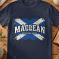MacLean Scottish Saltire T-shirt in Navy, with distressed blue and cream flag and “Virtue Mine Honour” lettering.