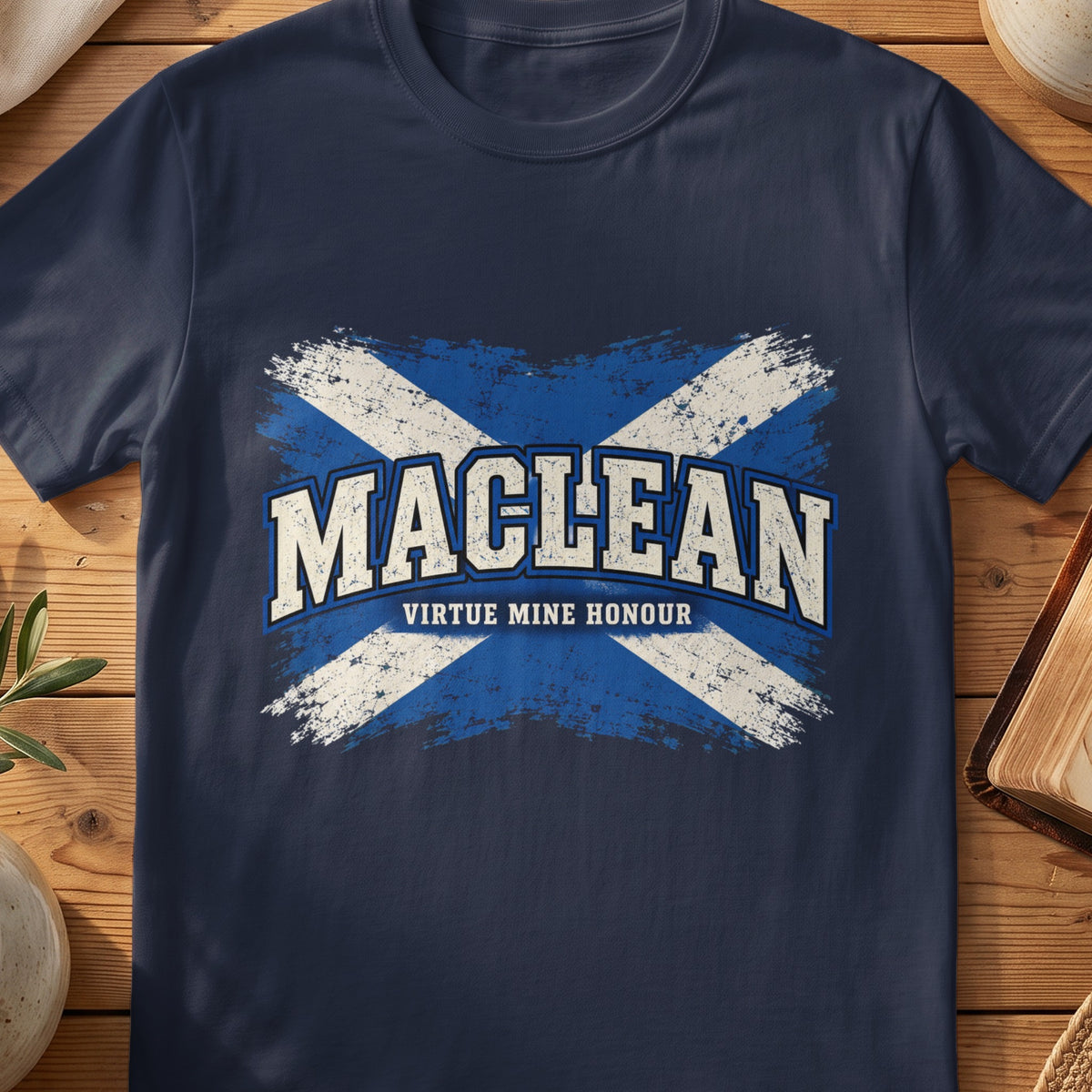 MacLean Scottish Saltire T-shirt in Navy, with distressed blue and cream flag and “Virtue Mine Honour” lettering.