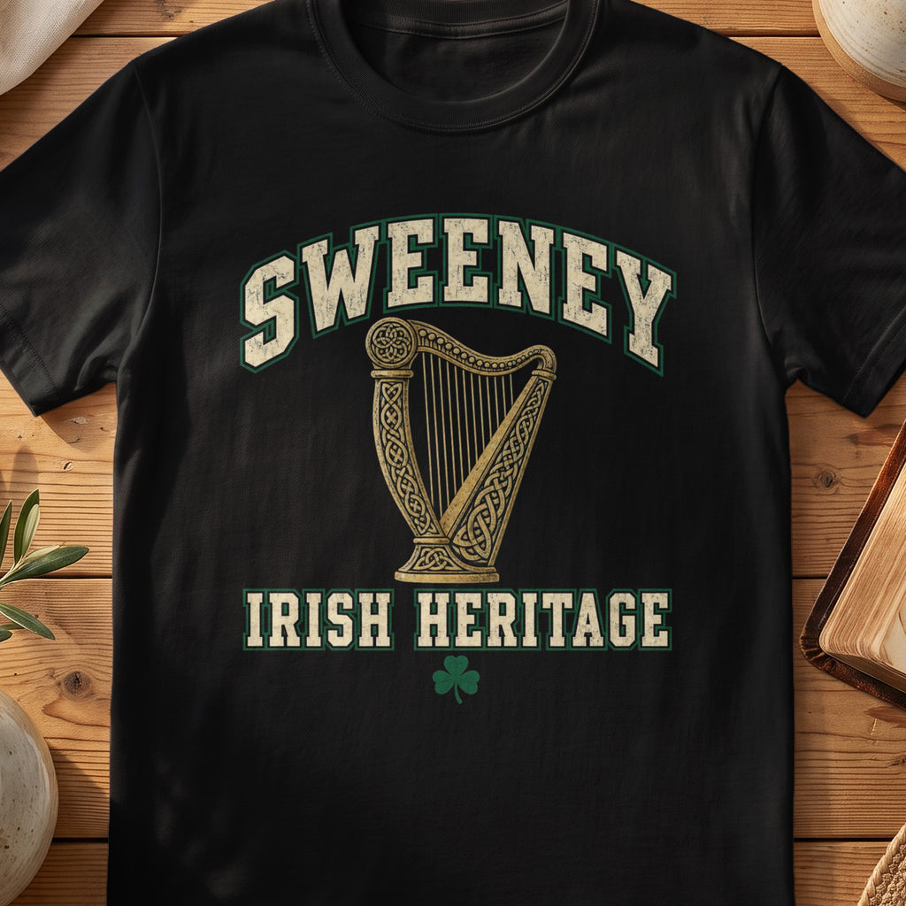 Sweeney Irish Heritage black Gildan 64000 T-shirt with Celtic harp design