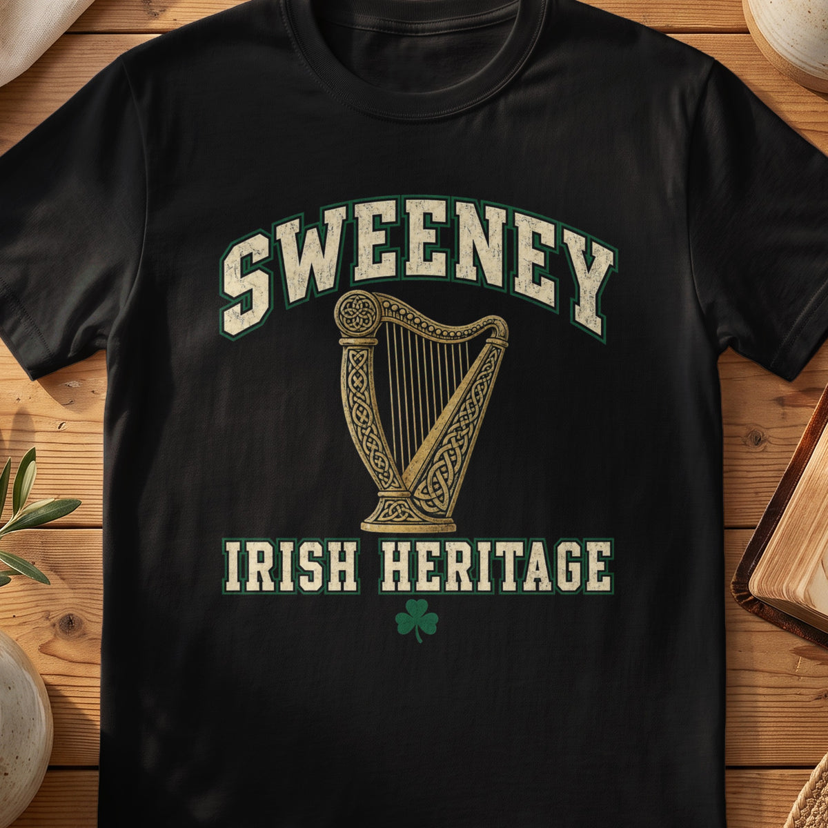 Sweeney Irish Heritage black Gildan 64000 T-shirt with Celtic harp design