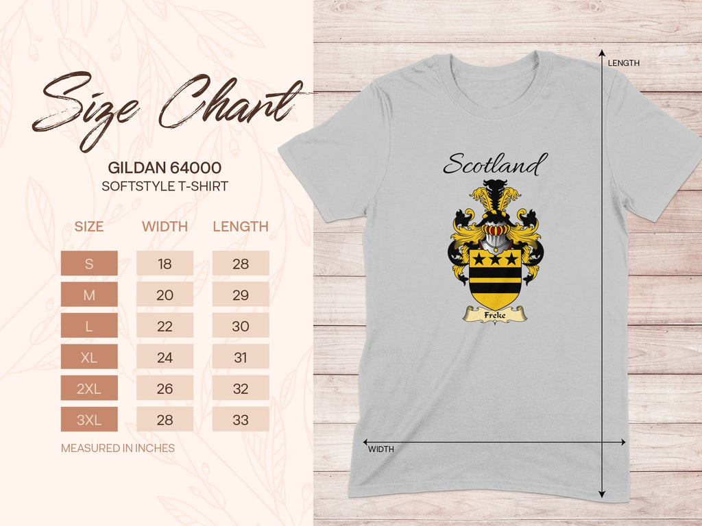 Gildan 64000 size chart for the Freke unisex T-shirt, sizes S to 3XL