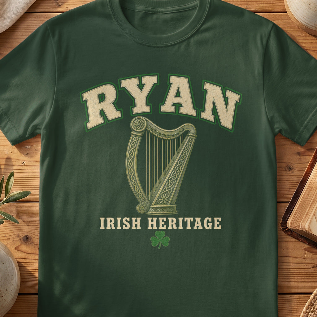Ryan Irish harp T-shirt in Forest Green, with cream surname lettering, a gold-toned harp, green shamrock and “Irish Heritage” text.