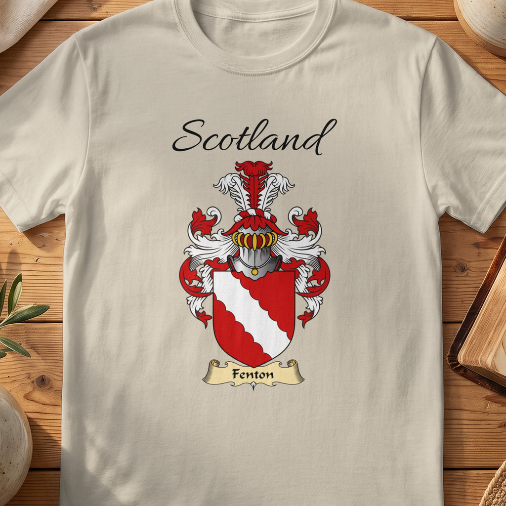 Sand Fenton Scottish family shield T-shirt featuring a white scalloped diagonal band on red