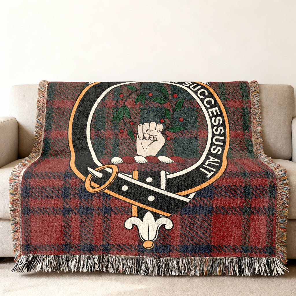 Ross clan crest and motto woven into tartan throw blanket