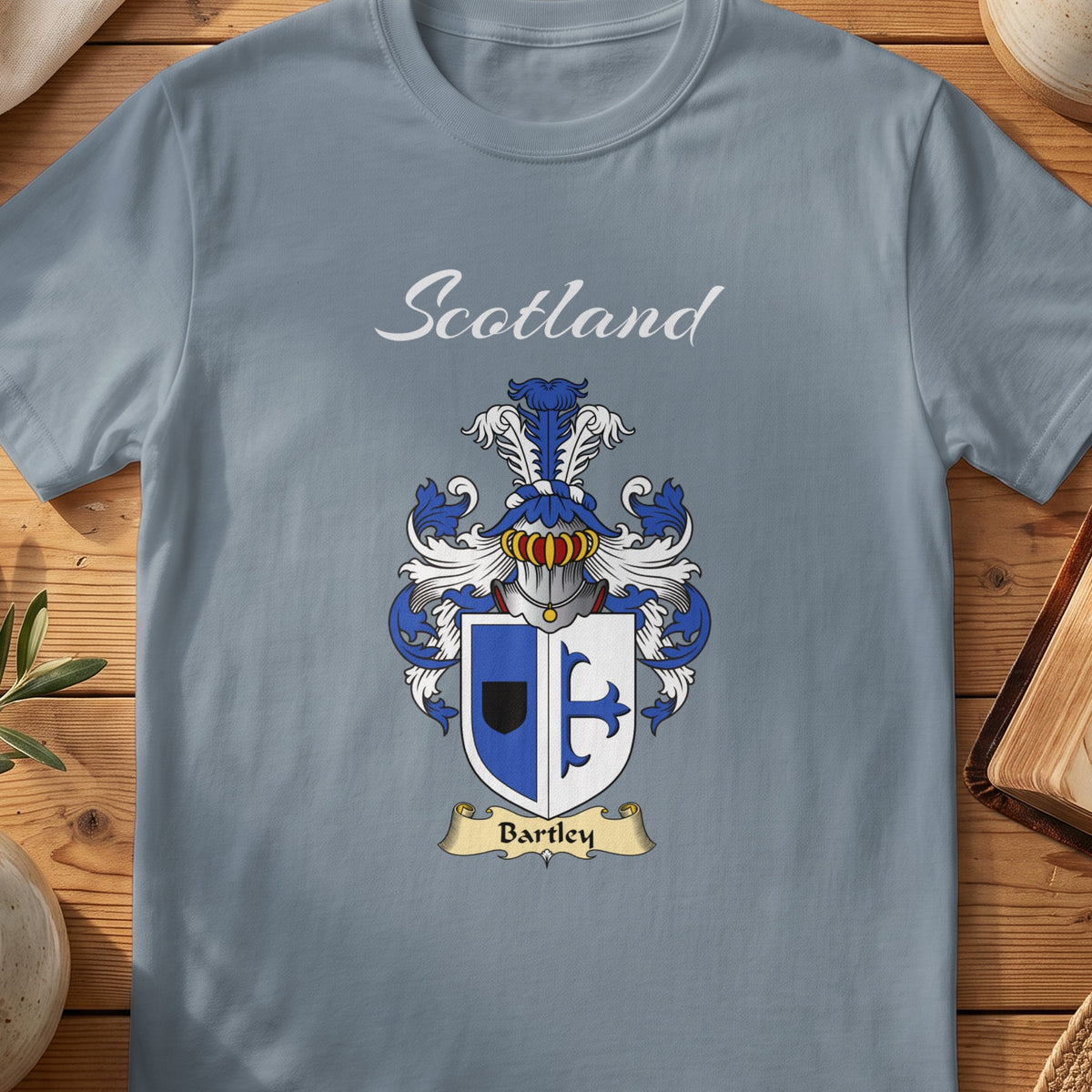Bartley Scottish family shield T-shirt in Stone Blue