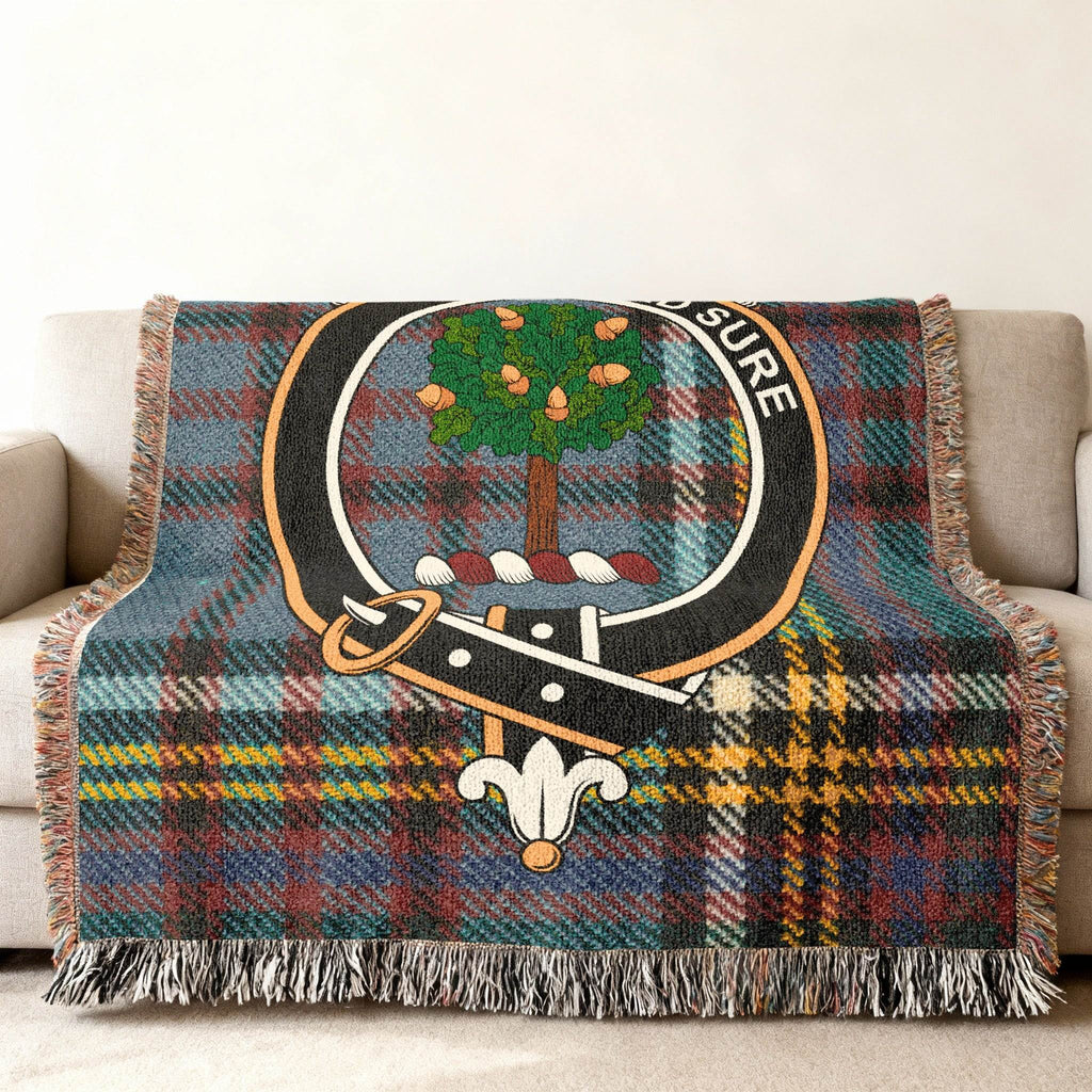 Anderson clan crest woven into tartan blanket — rich heritage throw for sofa or gifting