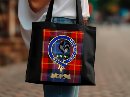 Scottish Clan Crest on Tartan Background Rigg Tote Bag - Living Stone Gifts