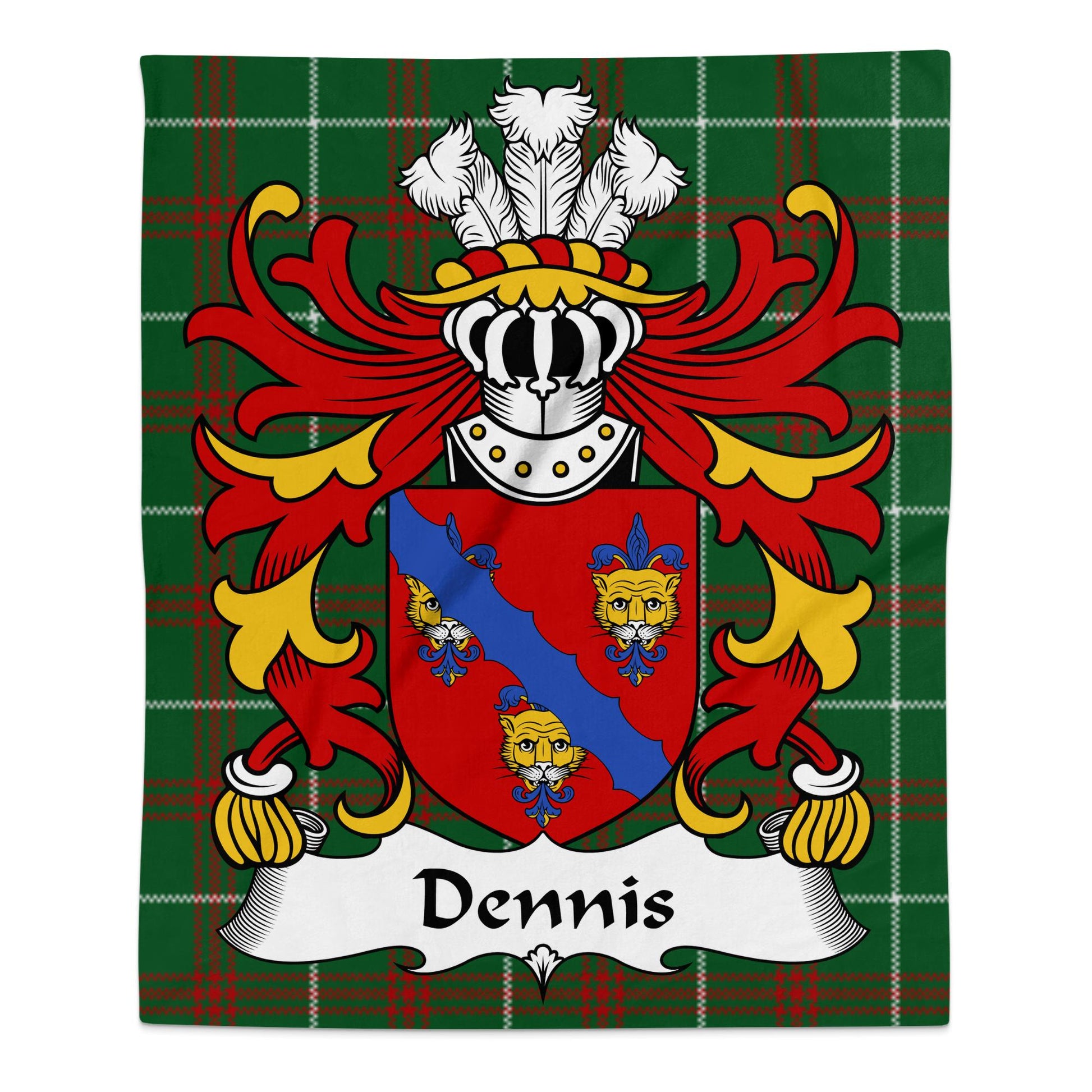 Dennis Welsh Surname Coat of Arms on Tartan Background Blanket - Living Stone Gifts