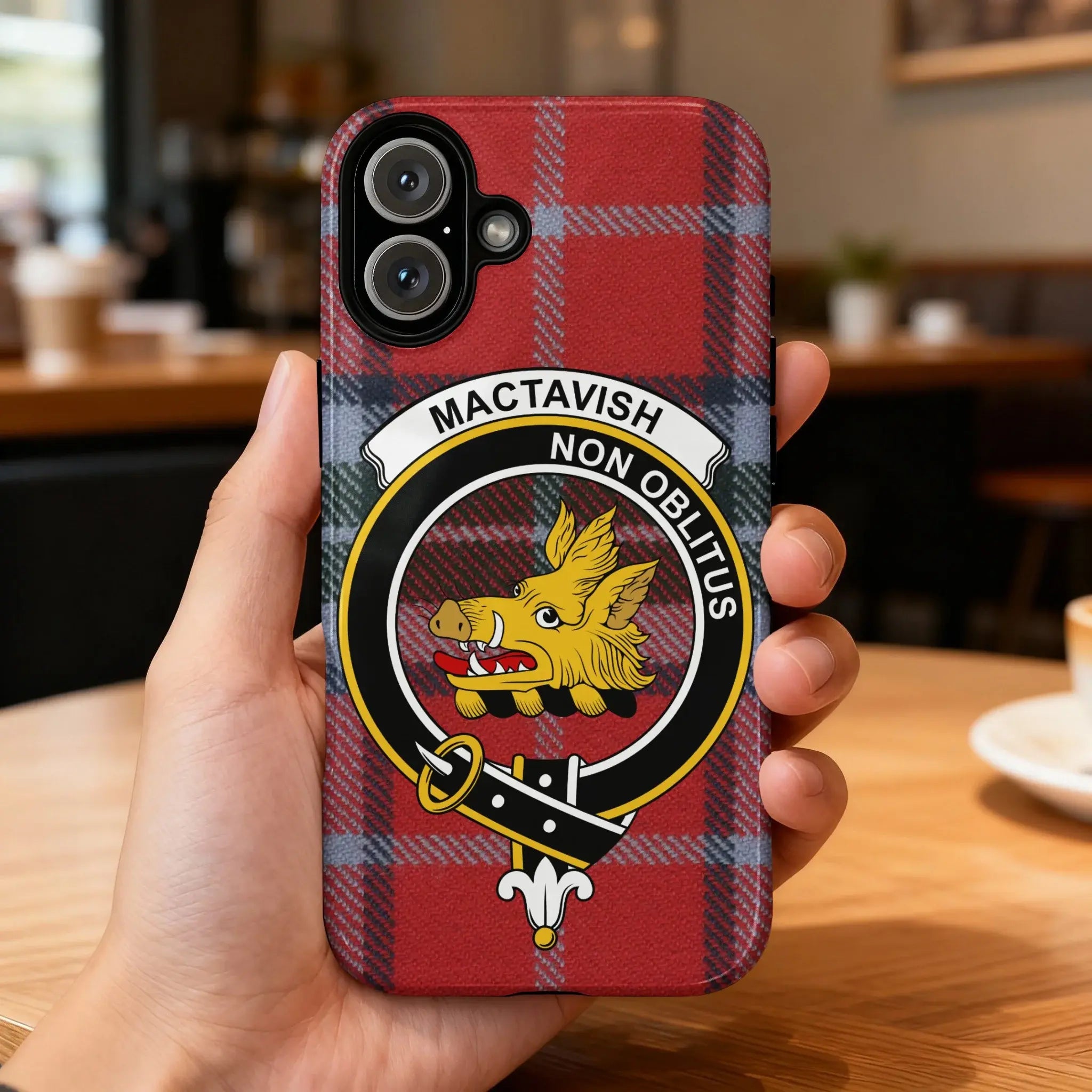 Clan MacTavish Non Oblitus tartan phone case — full 3D wrap print with boar crest, glossy finish