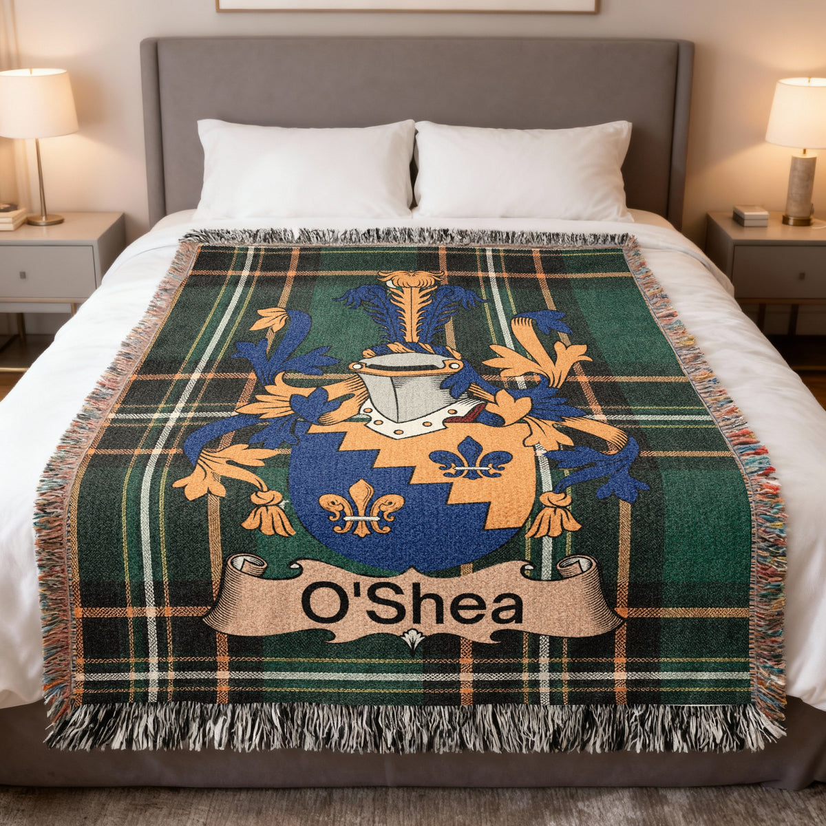 O'Shea Irish National Tartan woven blanket with surname artwork