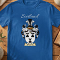 Royal blue Wawane unisex heritage T-shirt with the family shield and surname design.