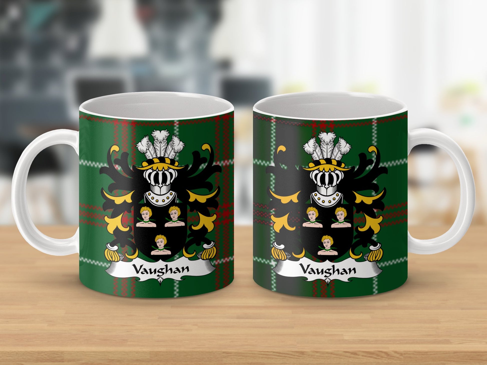 Vaughan Family Crest on Welsh National Tartan Mug - Living Stone Gifts