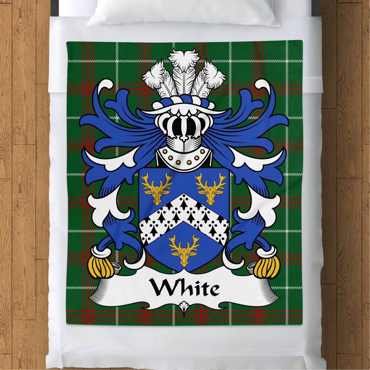 White Welsh Surname Coat of Arms Tartan Background Blanket - Living Stone Gifts