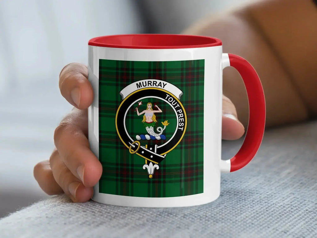 Murray clan tartan accent mug in red colourway — 11oz ceramic with Tout Prest crest