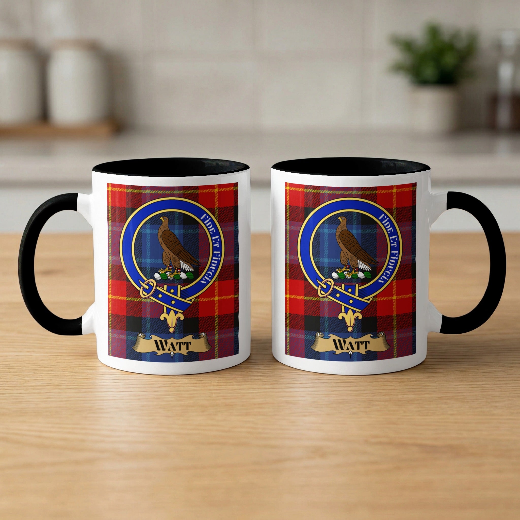 Watt family crest mugs front and back — black accents on tartan background