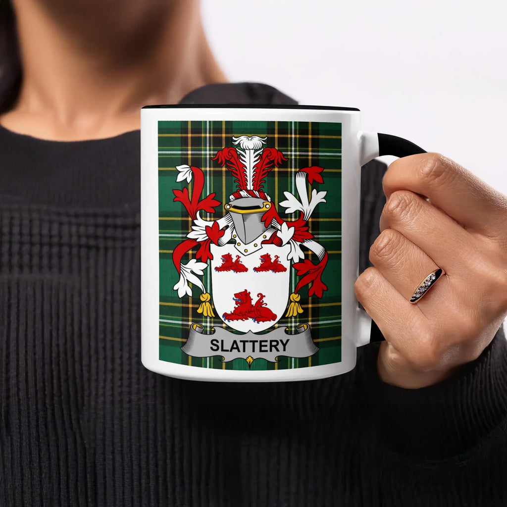 Slattery black accent mug with Irish National Tartan and family crest
