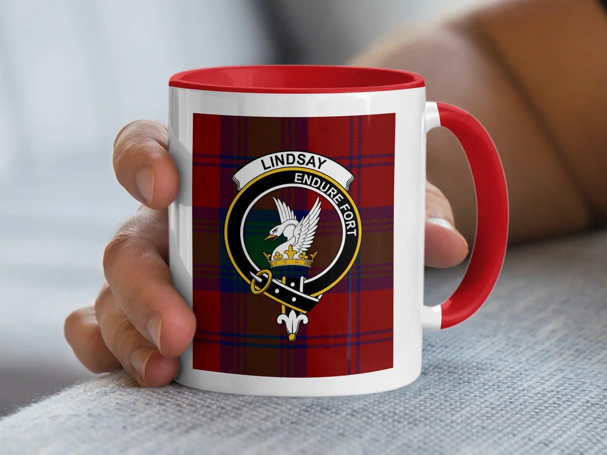 Lindsay Endure Fort crest tartan mug 15oz — eagle clan crest on glossy white ceramic