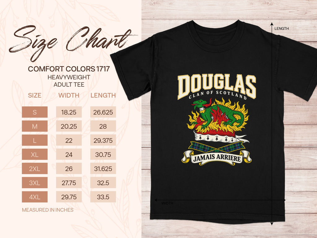 Comfort Colors 1717 size chart with shirt width and length in inches for sizes S to 4XL, beside the Douglas design.