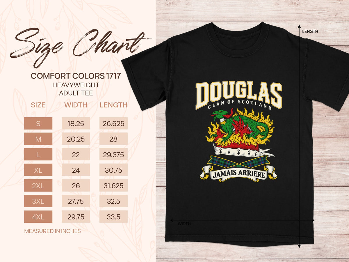 Comfort Colors 1717 size chart with shirt width and length in inches for sizes S to 4XL, beside the Douglas design.