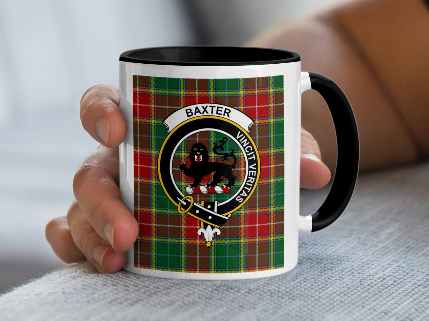 Clan Baxter Crest with Tartan Background Coffee Mug - Living Stone Gifts