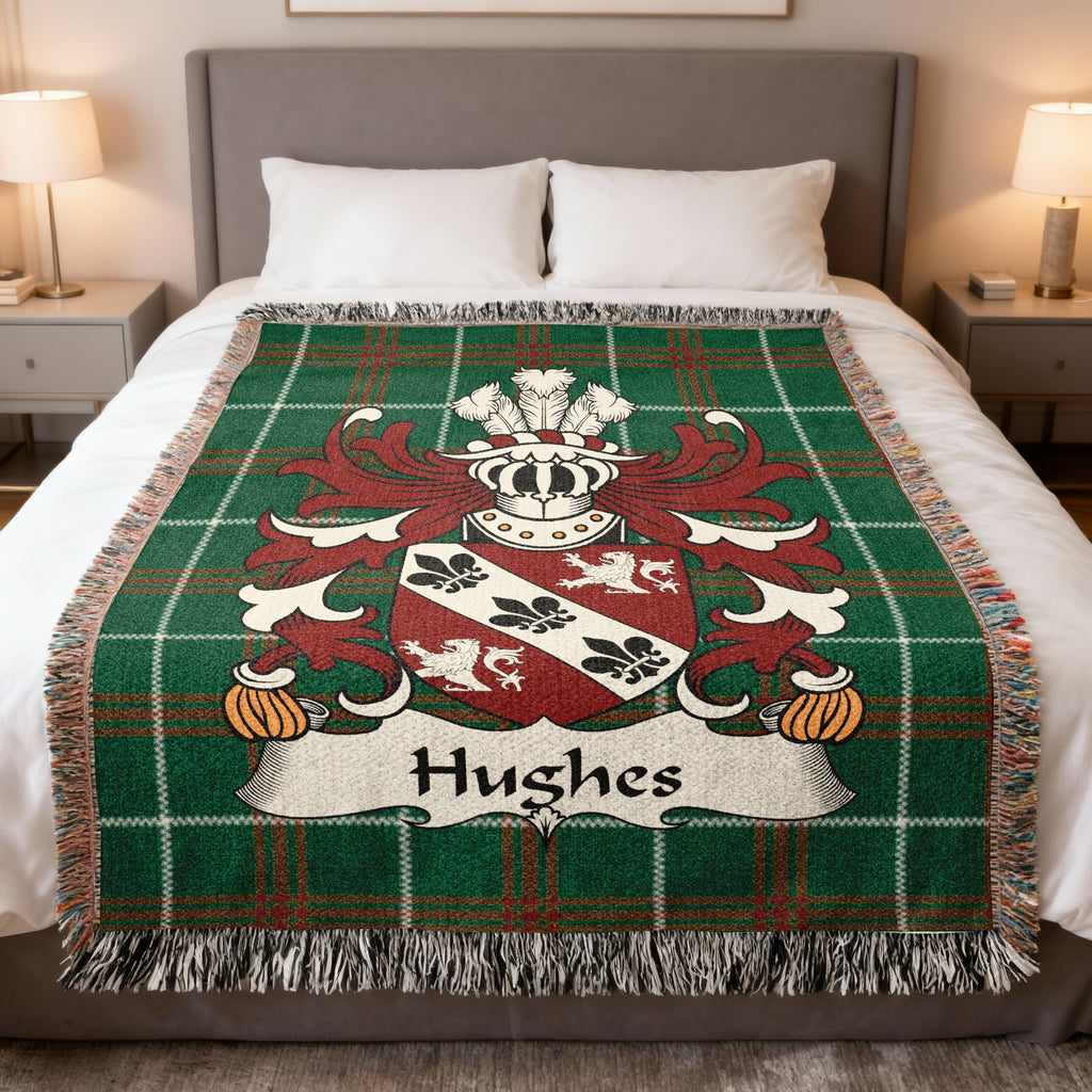 Hughes Welsh crest woven blanket on Welsh national tartan