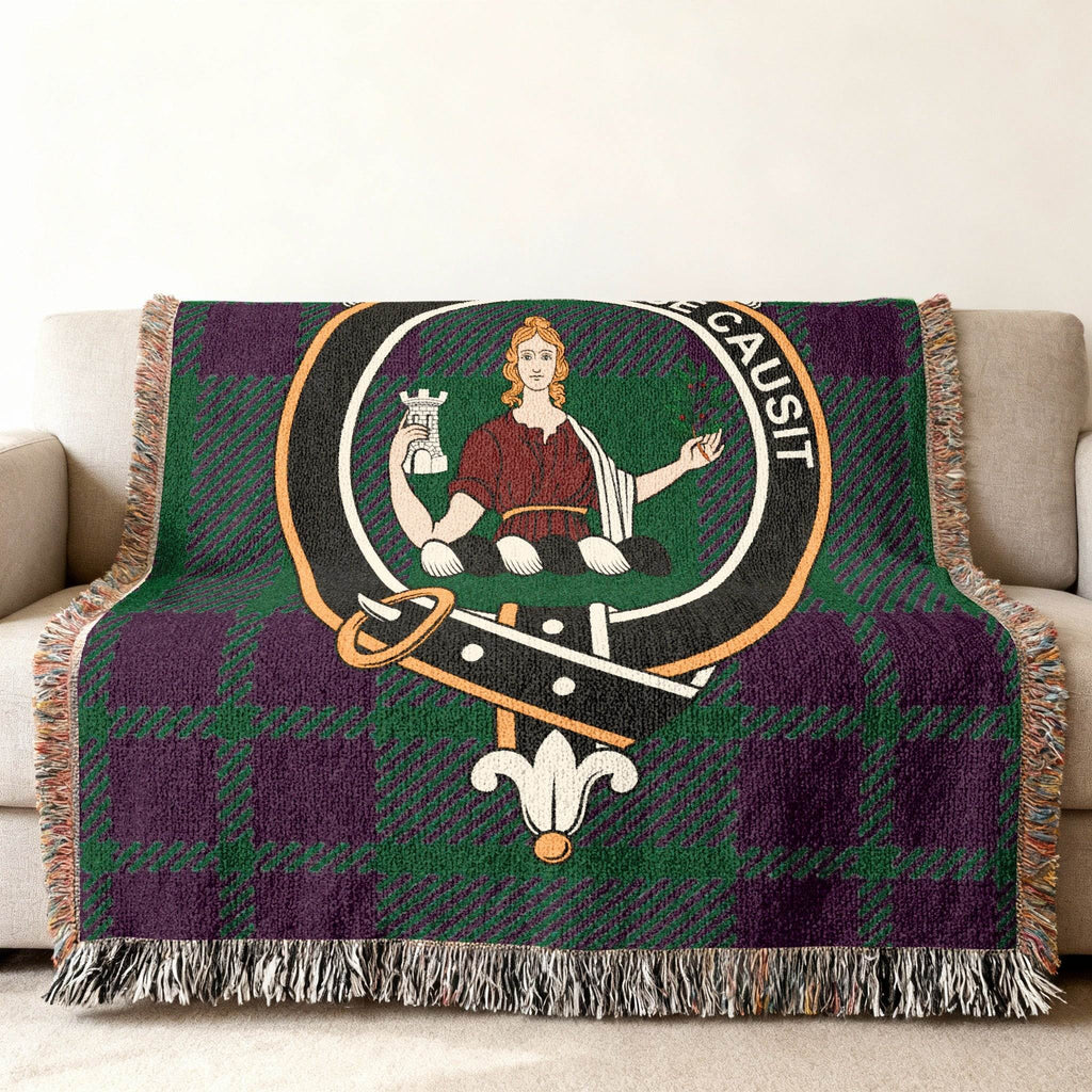 Elphinstone woven blanket draped over sofa — 60x50 size, fringe edges and tartan detail
