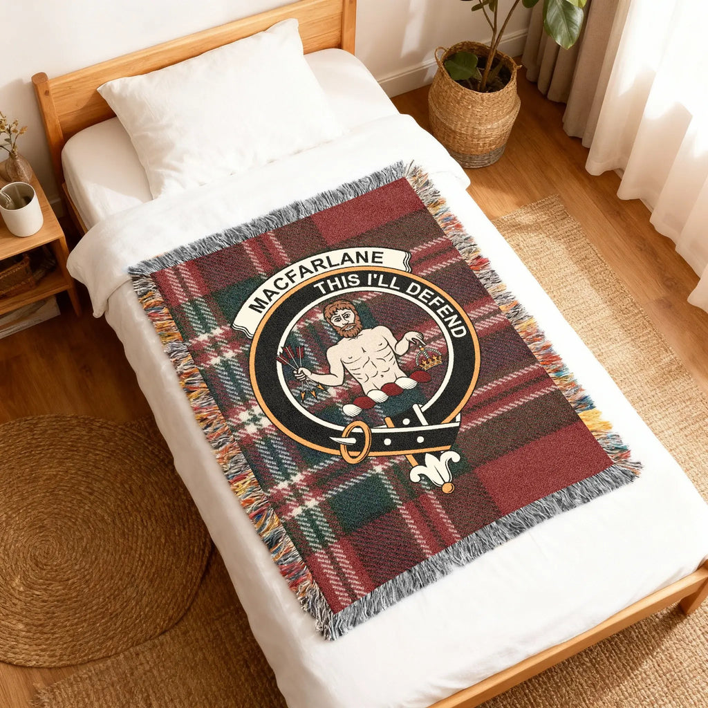 MacFarlane clan crest plaid woven blanket — This I'll Defend heraldic design in cotton weave