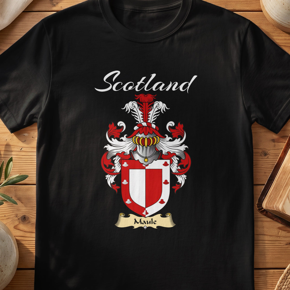 Black Maule Scottish T-shirt featuring a red-and-white shield with a contrasting border